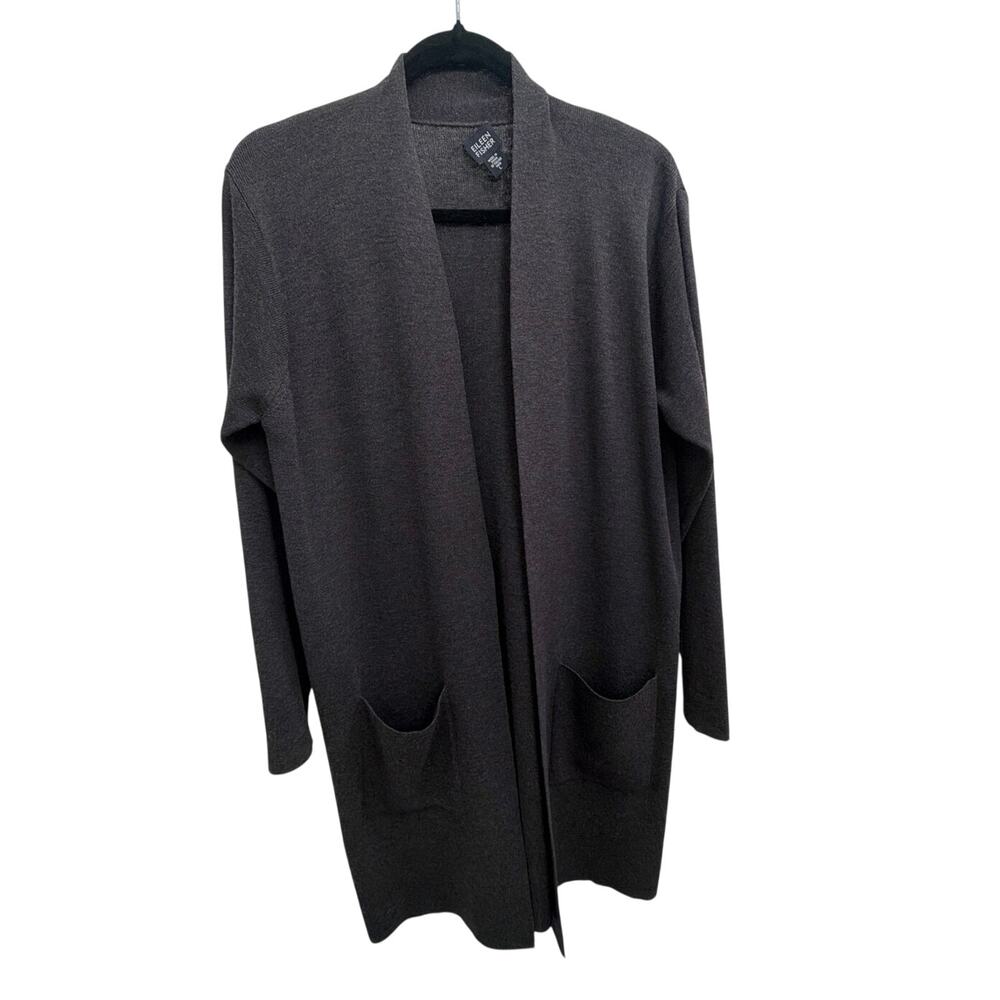 Eileen Fisher 100% Wool Heathered Brown Open Front Cardigan Sweater Womens Large